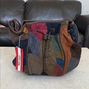 Vintage Multicolor Patchwork Leather Drawstring Bucket Bag